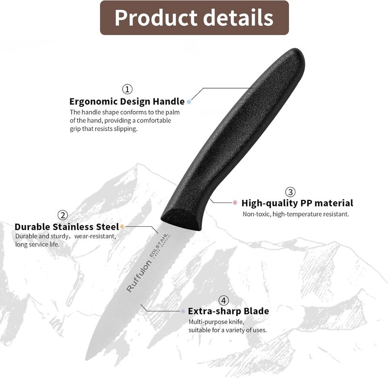 Ruffulon Stainless Steel Paring Knife With Serrated Blade, 6 Pieces Set Vegetable and Fruit Knife, Ultra Sharp Small Kitchen Knife, Black Paring Knifves with PP Plastic Ergonomic Handle. - Image 3